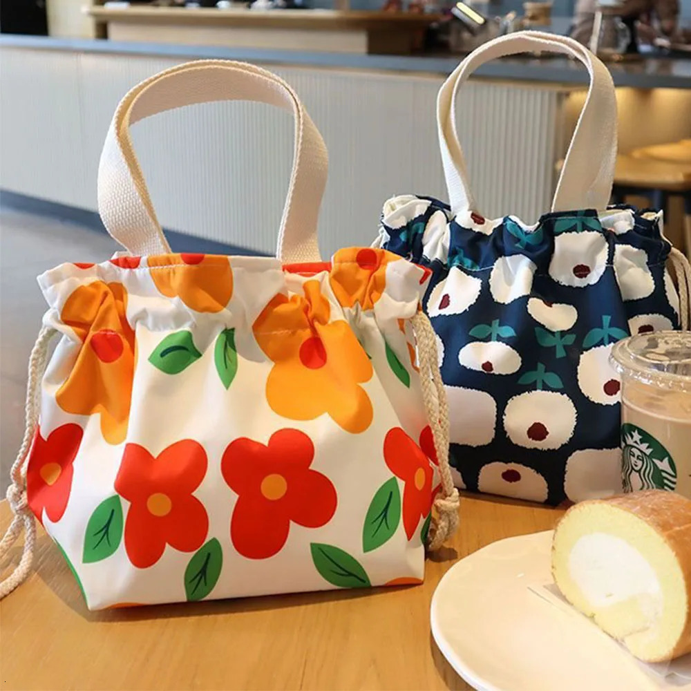 Lunch Bag Cartoon Flowers Canvas Lunch Box Drawstring Picnic Tote Eco Bento Bag Small Handbag Dinner Container Food Storage Bags 250606
