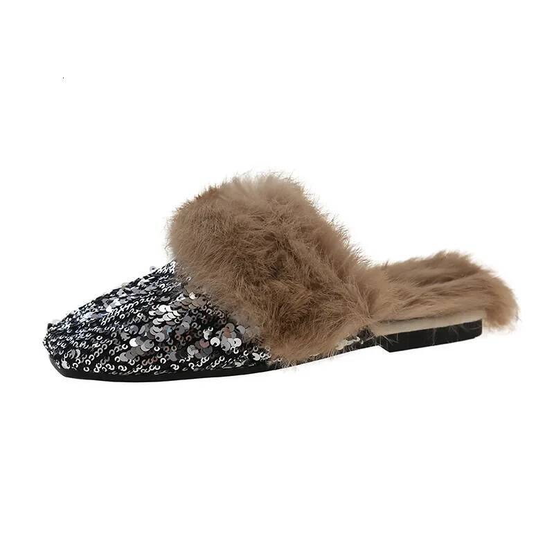 Ddmyoutdoor Plush For Women Fashion Shiny Flat Fuzzy Baotou Slippers Anti Skid Ladies Slip On Mules Indoor Outdoor Casual Shoes Beach outdoor shoes