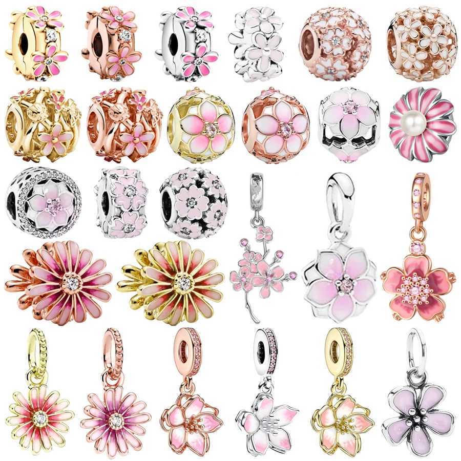 Hot Fashion Pink Daisy Cherry Flower Dangle Charm Bead Clip Fit Original 925 Sterling Silver Bracelet DIY Women Jewelry Gift XJ250607