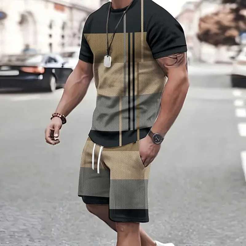 2024 Fashion Mens Sportswear 3D Patchwork Print T-shirt Shorts 2Pcs Sets Summer Casual Short Sleeve Crew-Neck Tracksuit Outfits W250609