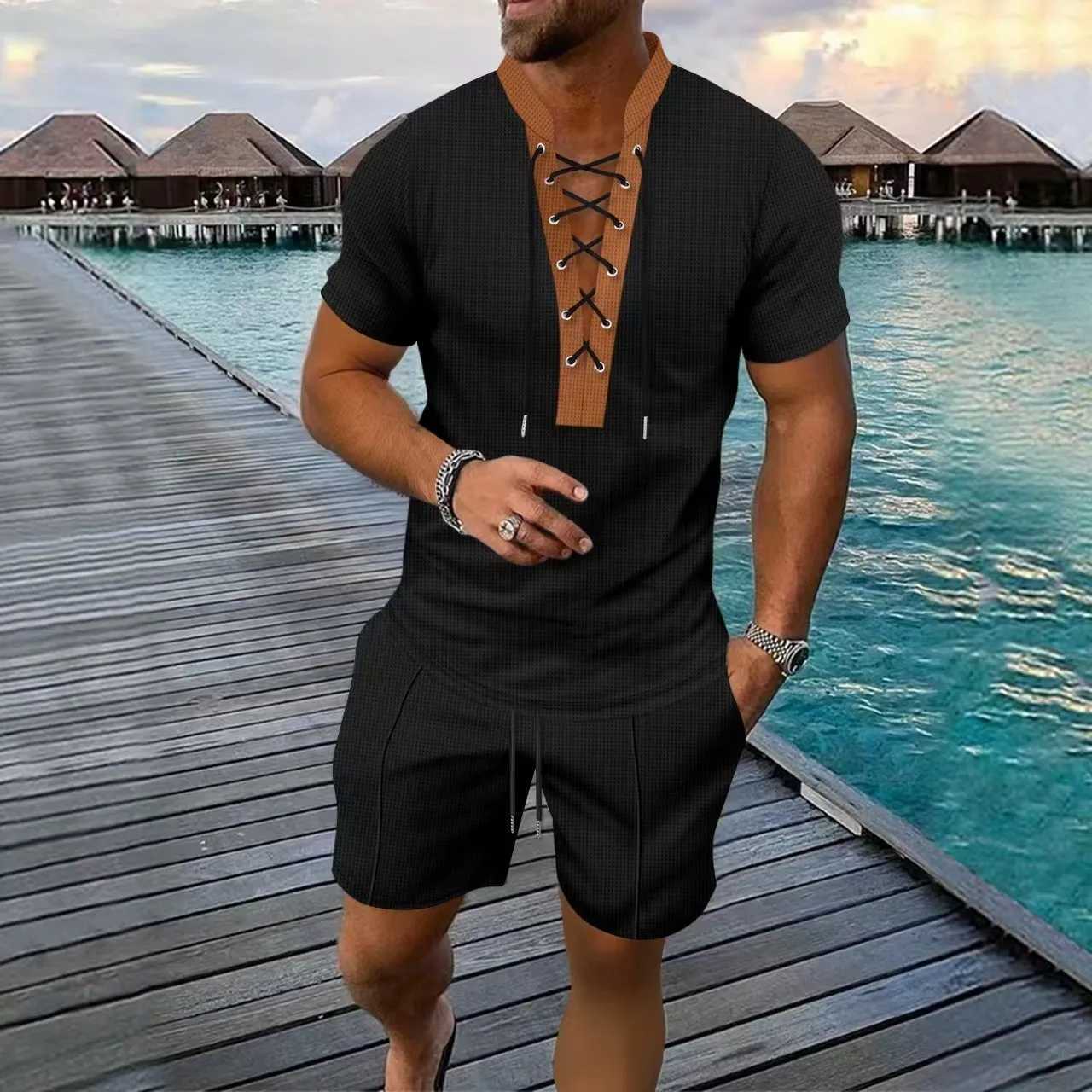 2025 Mens Summer New Casual and fashionable drawstring design T-shirt top Waffle two-piece Mens shorts set W250609