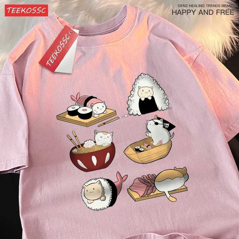 Cute Funny Sushi Cat Printing Mens T-shirts Hip Hop Oversize T-Shirt Fashion Summer Tops Casual Loose Couple T Shirts Soft New X250607
