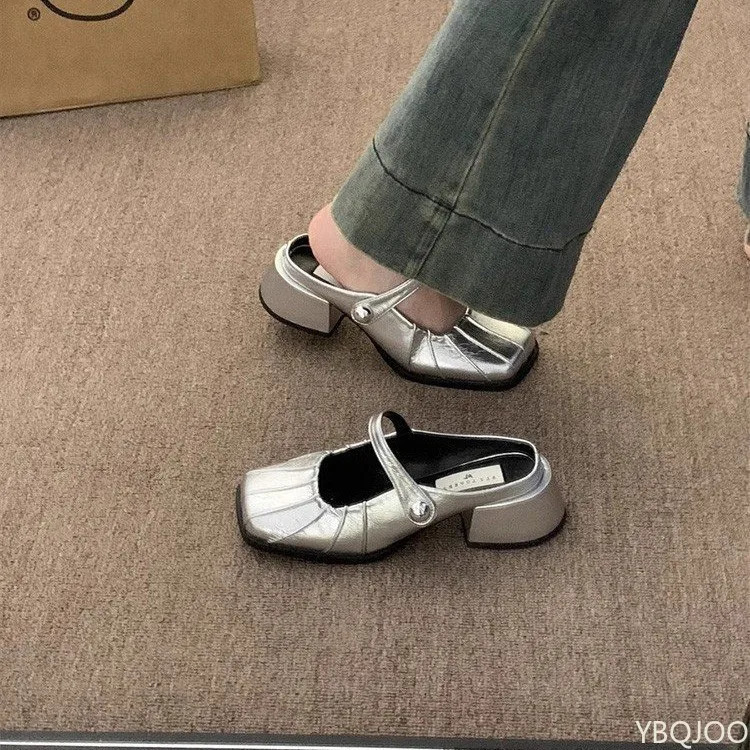 Premium Silver Half Slippers Womens outdoor wear 2025 summer shoes French elegant slipper Baotou Fashion ladies Slippers 250603