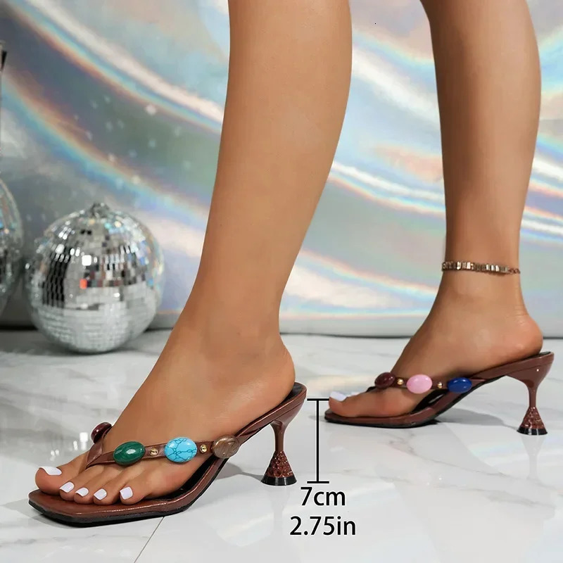 Large Jewel Decor High Heels Sandals for Women Fashion Party Square Toe Flip-Flops Brown Strange Heeled Party Shoes 250605
