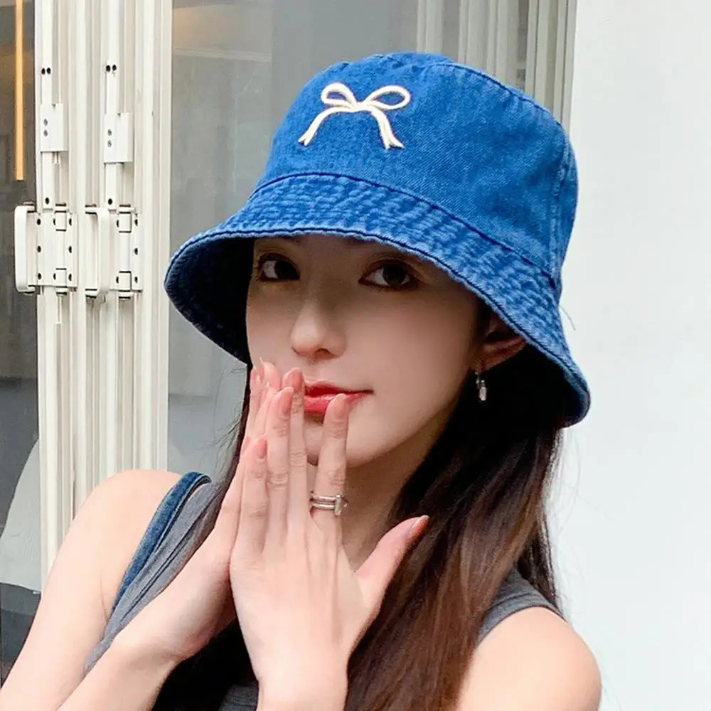 Summer Embroidery Bow Washed Denim Bucket Hat For Women Panama Hats Outdoor Fisherman Hat Beachside Sunscreen Visor Cap 250605