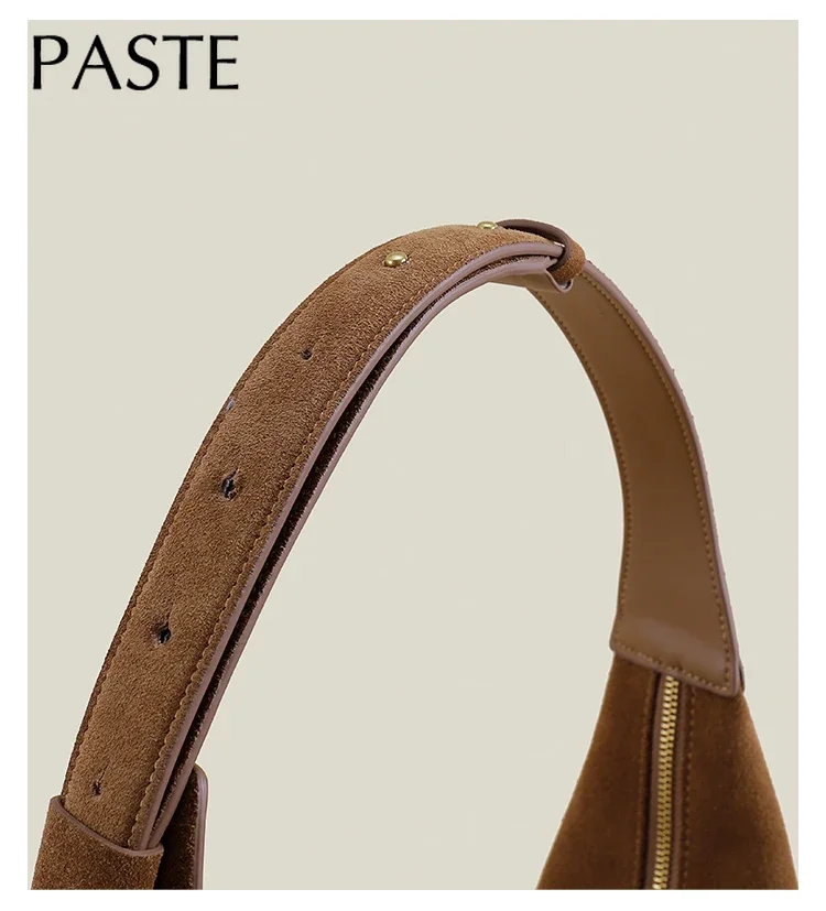 New Autumn Winter Frosted Cowhide Hobo Tote Adjustable Handle Camel Coffee Color Genuine Suede Leather Women Armpit Shoulder Bag