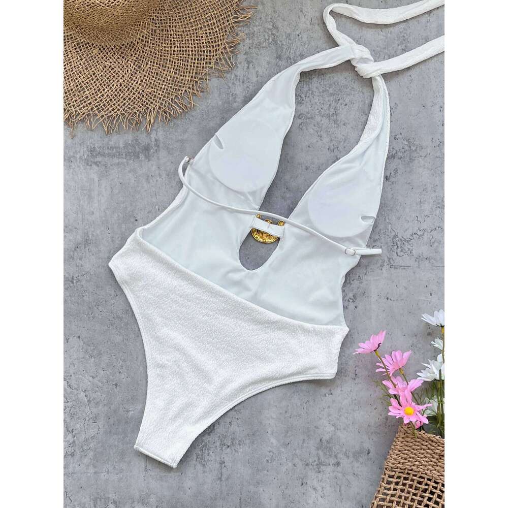 Sexy White One-Piece Swimsuit with Gold Accent Perfect for Beachwear Pool Parties Special Ocns Stand Out This Summer