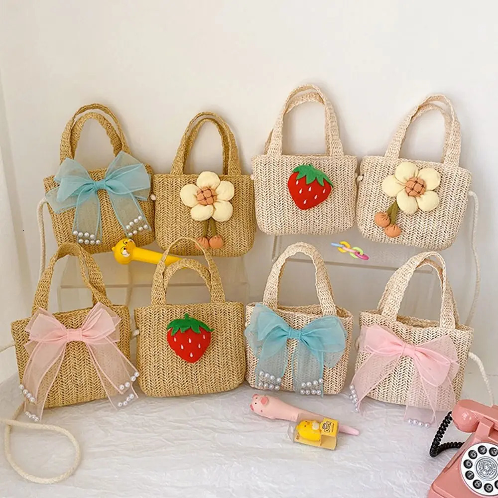 Handmade Woven Girl Straw Bag Summer Zipper Mesh Bow Crossbody Handbag Coin Purse Po Props Kid Beach Bags 250605