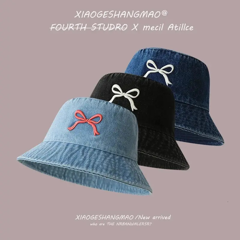 A Fishermans Hat Three-Dimensional Embroidery Bow Travel Shopping Washed Denim Basin Hat 250605