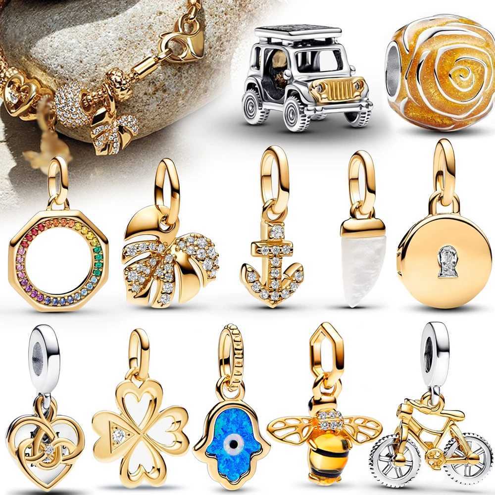 Sparkling Gold Monstera Charm Fits Original Bracelet 925 Sterling Silver Shark Tooth Mini Charm for Girls Party Jewelry XJ250607