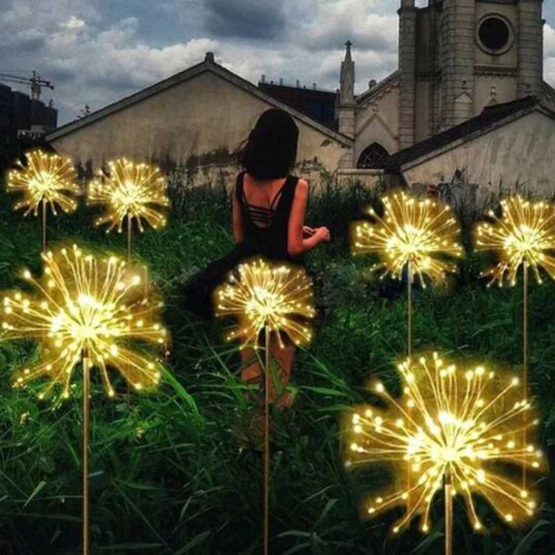 1PC Solar Fireworks Lamp Outdoor Grass Globe Dandelion Flash String Fairy lights 90 /120/150LED For Garden Lawn Holiday LightXJ250606