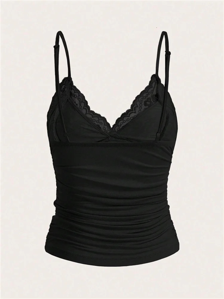 Sexy Contrast Lace Bow Front Crop Cami Top Women 2024 Summer Grunge Punk Y2K Clothes Ruched Skinny Backless Tee Shirt 250527