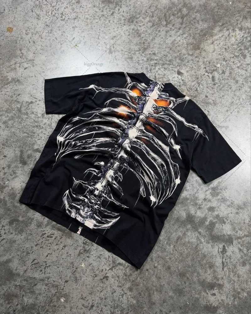 Punk Street Harajuku Clothing Dark Skull Casual Oversized Short Sleeves Fashionable American Hip-hop Pure Cotton T-shirt Men W250607