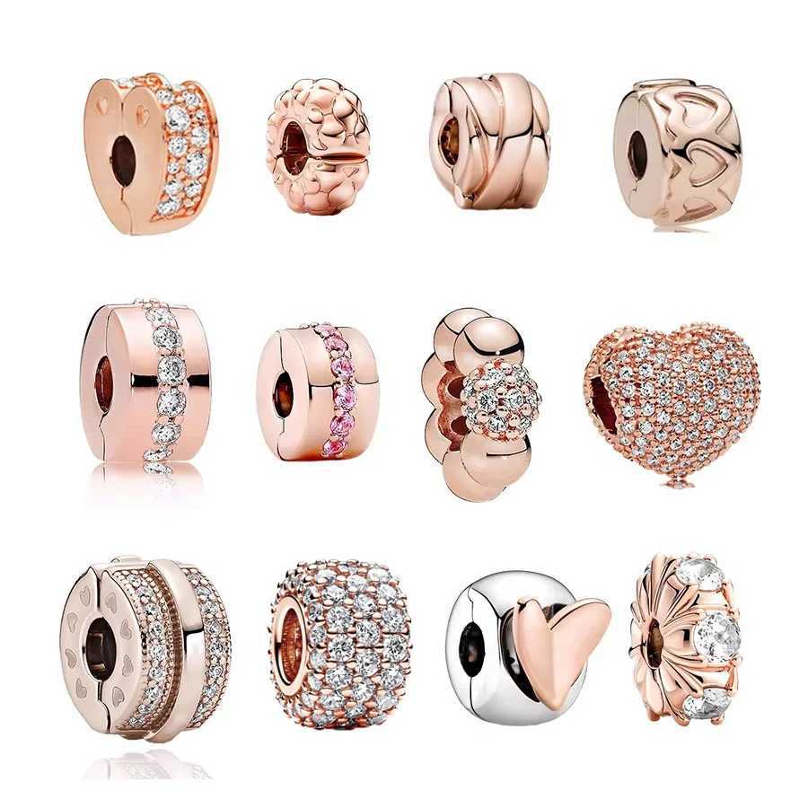 NEW DIY Plated Rose Gold Freehand Heart Clip/Long Pronged Sparkling Clip Charm Bead Fit Original Silver 925 Pan Bracelet Jewelry XJ250607