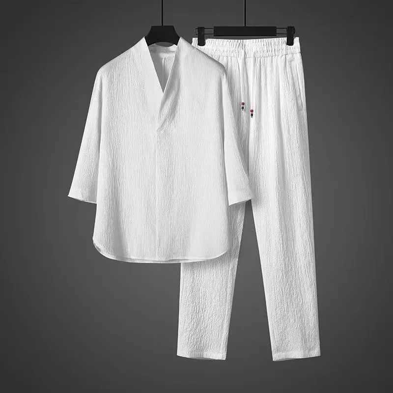 2024 Yaz Yeni Erkek in Tarz Buz pek Vintage Hanfu Tirt ve pantolon seti bol ve nefis rahat iki para set W250609