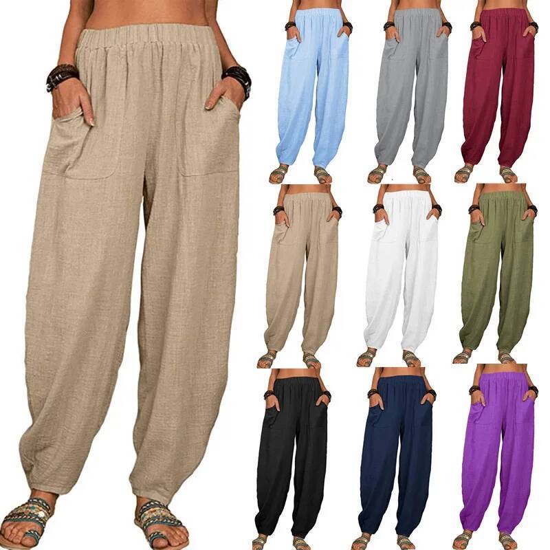 Women Harem Summer Casual Vintage Cotton Linen Pants Elastic Waist Wide Leg Retro Loose Pockets Female Mom Trousers S-5XL