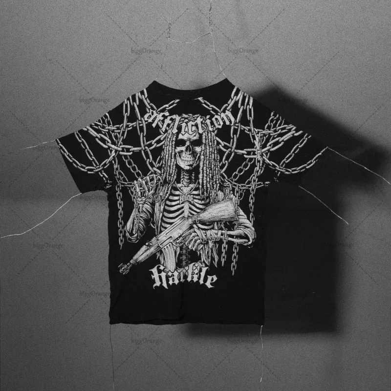Gothic Punk Harajuku Streetwear Y2K Graphic Top Men Haunted Mound Ghost Skull Vintage Clothing Hip Hop Retro Round Neck T-shirt W250607