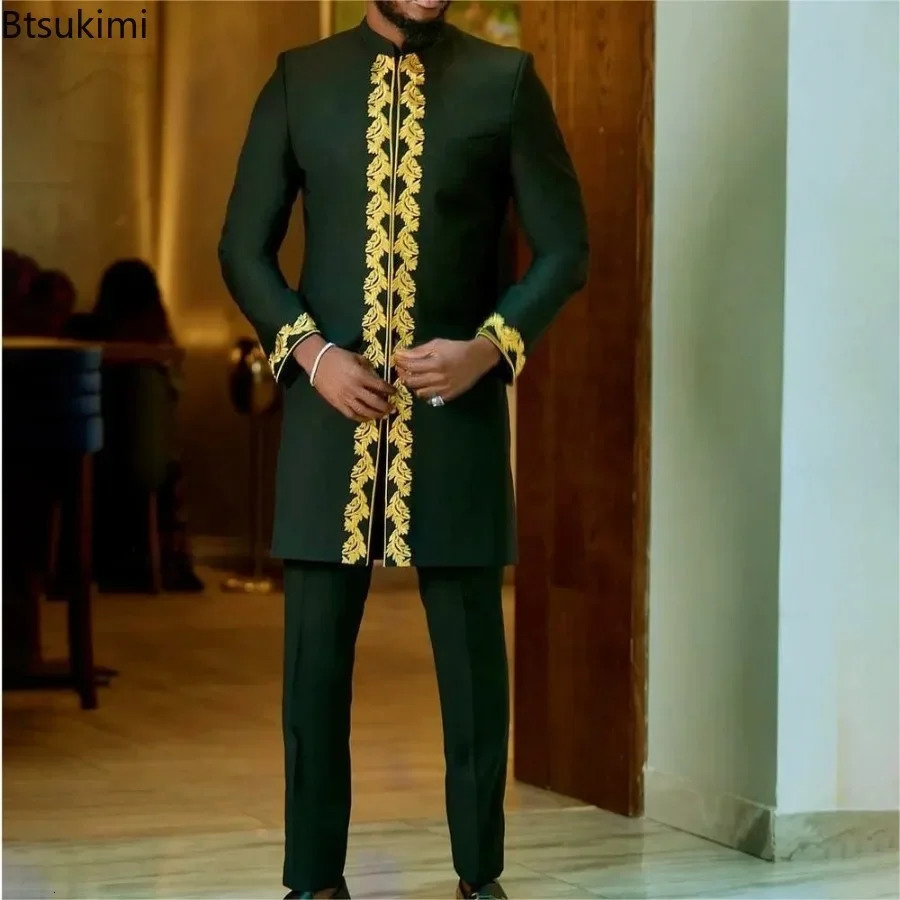 Elegant Mens Muslim Sets African Style Kaftan High-end Embroidery Casual 2 Pieces Festive Wedding Traditional Men Clothes 250603