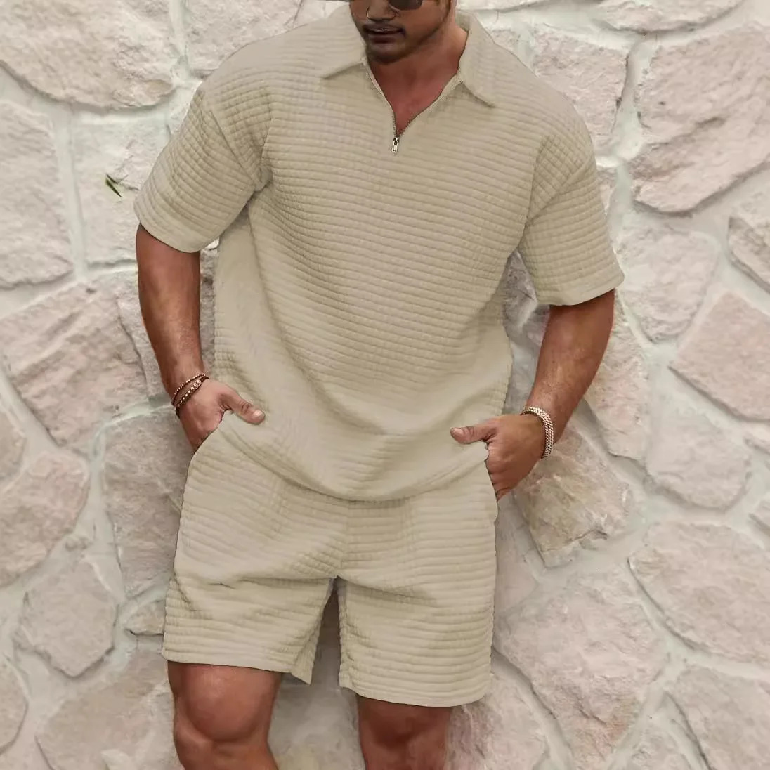 2025 Summer Mens Set Fashionable Style Simple Waffle Color Solid Color Collar Polo Shirt Short Sleeve Shorts Sports Set 250605