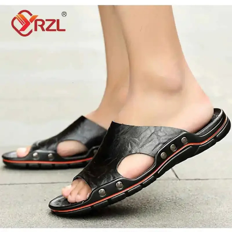 YRZL Sandals Mens Leather Classic Summer Men Slippers Soft Black PU Lightweight EVA Slides for 250528