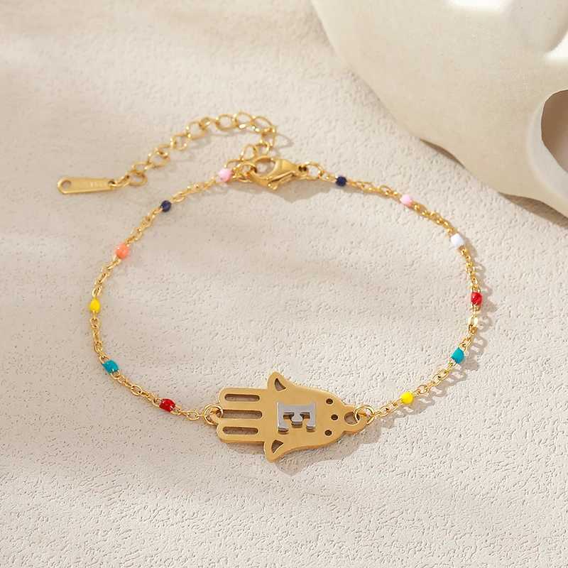Stainless Steel Women Bracelet 26 Initial Letters A-Z Beads Hamsa Hand Chain Pendant Bangles Anklets Birthday Jewelry Gifts W250606