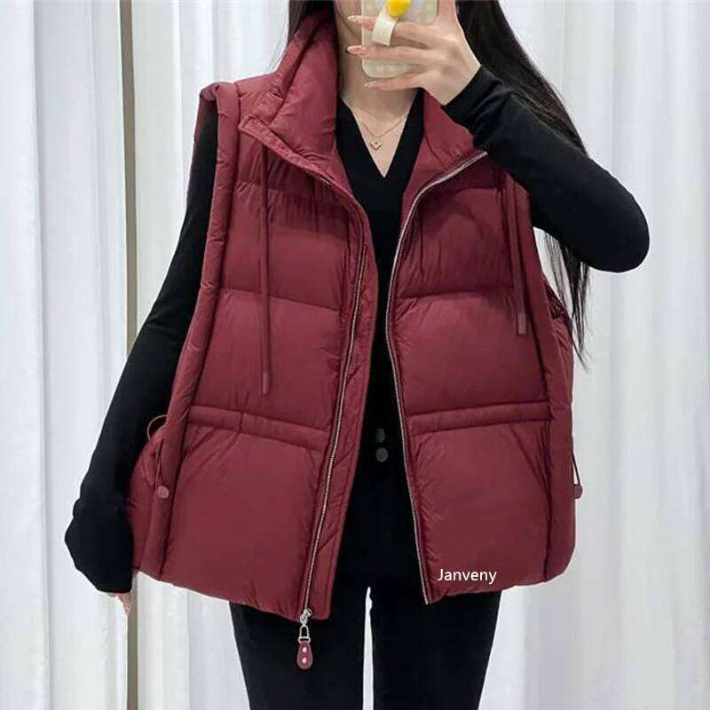 Janveny 2025 New Winter Drawstring Short White Duck Waistcoat Women Stand up Collar Loose Soft Puff Down Sleeveless Vest