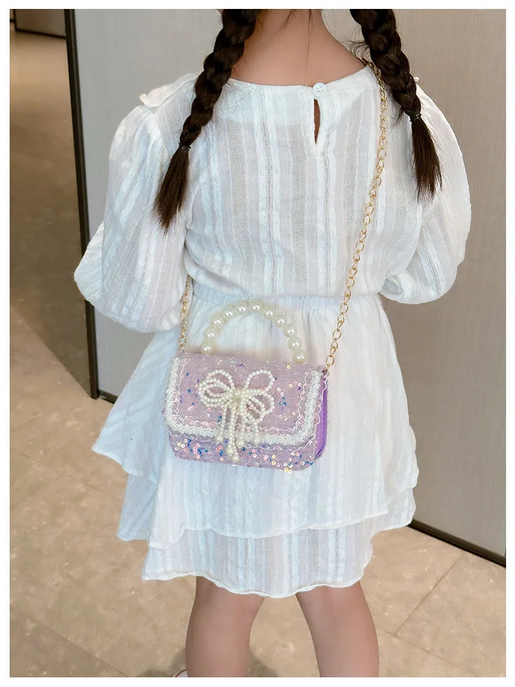 Pearl Beaded Childrens Small Square Shoulder Bag Sweet Bow Sequin Girls Messenger Bags Lovely Princess Handbags Accessories 250605