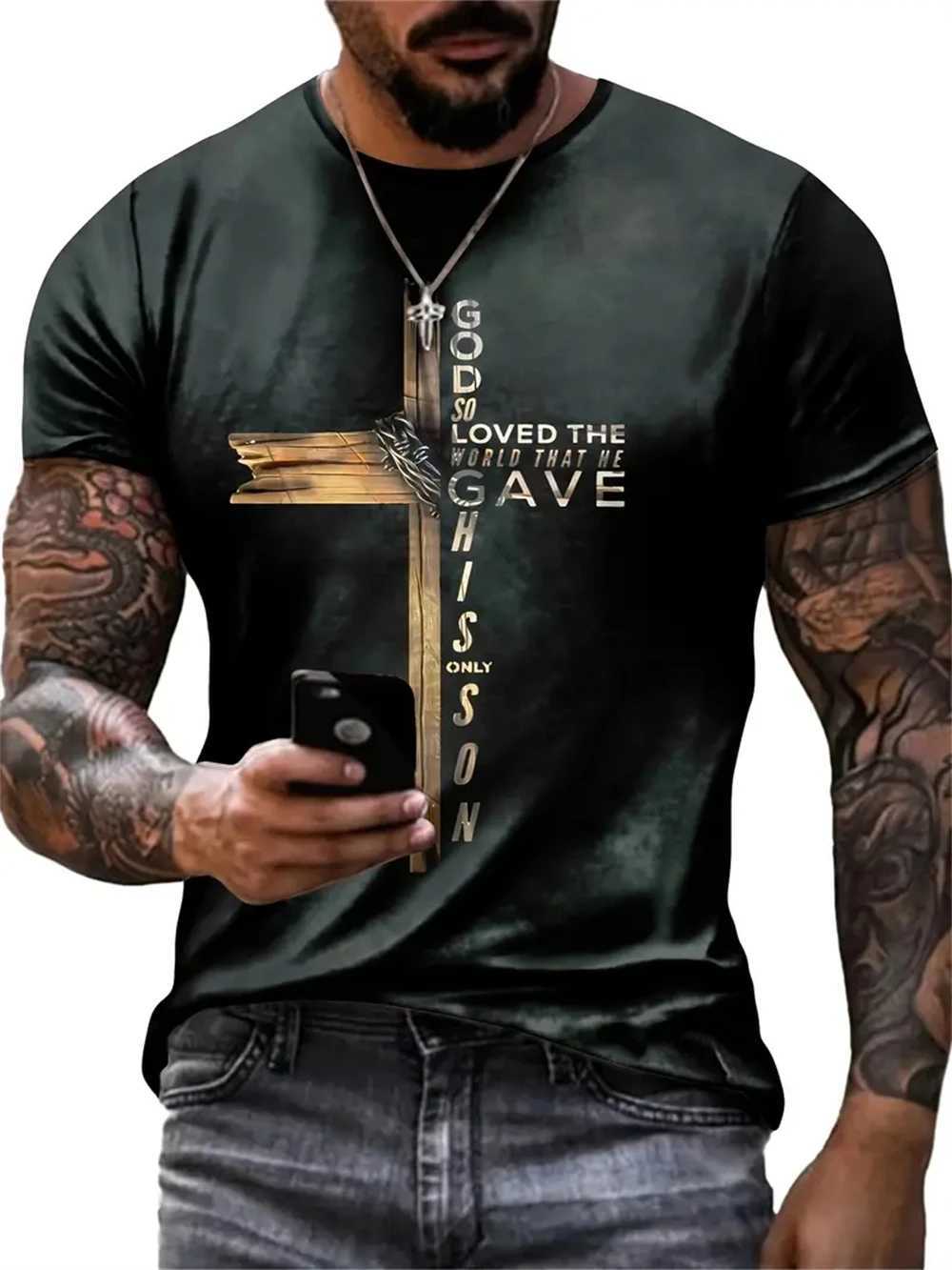 Christian Mens Clothing T Shirts Oversized T Shirt Gothic Jesus Christ Cross 3D Print O-Neck Tops Vintage Hip Hop Short Sleeve W250607