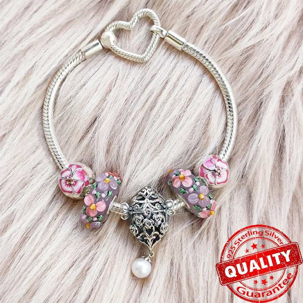 Tren Sterling Silver Pink Pansy Flower Charm Fit Original Bracelet 925 Silver Blue Butterfly Charm Fine Jewelry Gift XJ250607