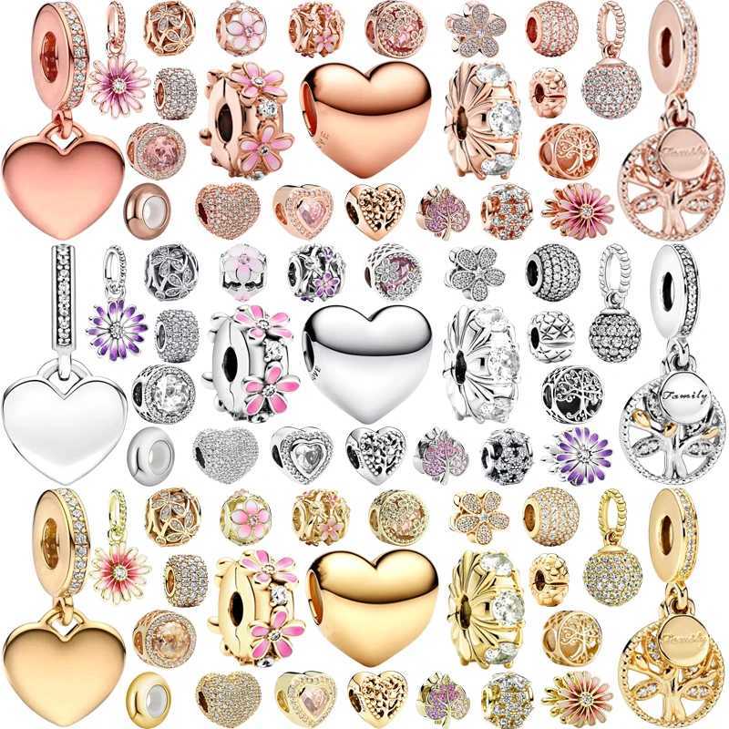 Gold Rose Gold Daisy Flower Cherry Blossom Dangle Hearts Charm Beads Fit Original European 925 Silver Bracelet DIY Women Jewelry XJ250607