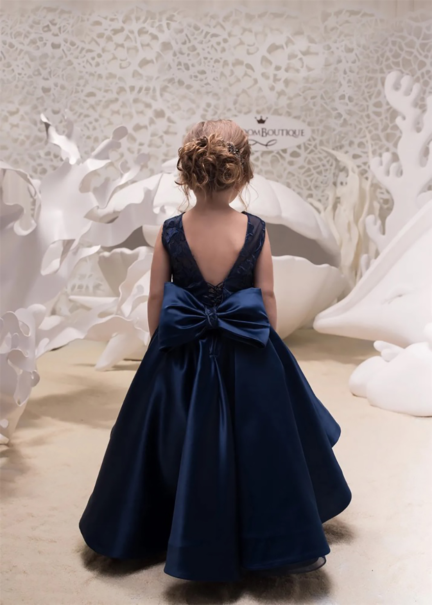 Hi Lo Kids Prom Dresses 2025 Mother Daughter Gowns Navy Blue Flower Girls Dress Big Bow V-Back Formal Party Wear for Little Girls