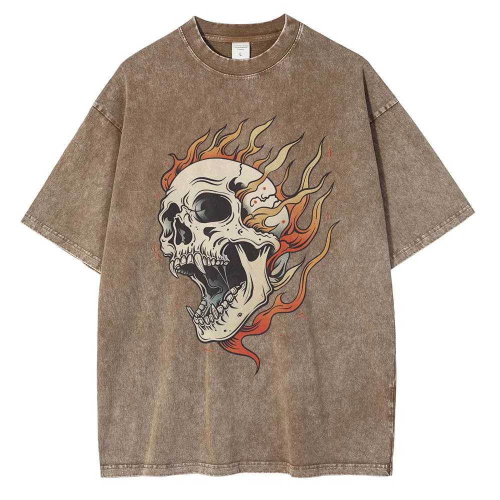Flame Skull Graphic T Shirts Heavyweight Pure Cotton Distressed Washed T Shirt Drop Shoulder Retro Oversized Mens Tops W250607