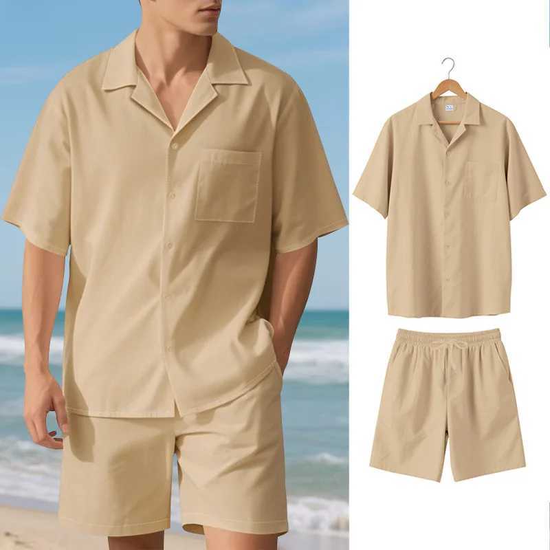 Ice silk cotton linen breathable beachwear for men light luxury casual vacation style set trendy short sleeved plus loose shorts W250609