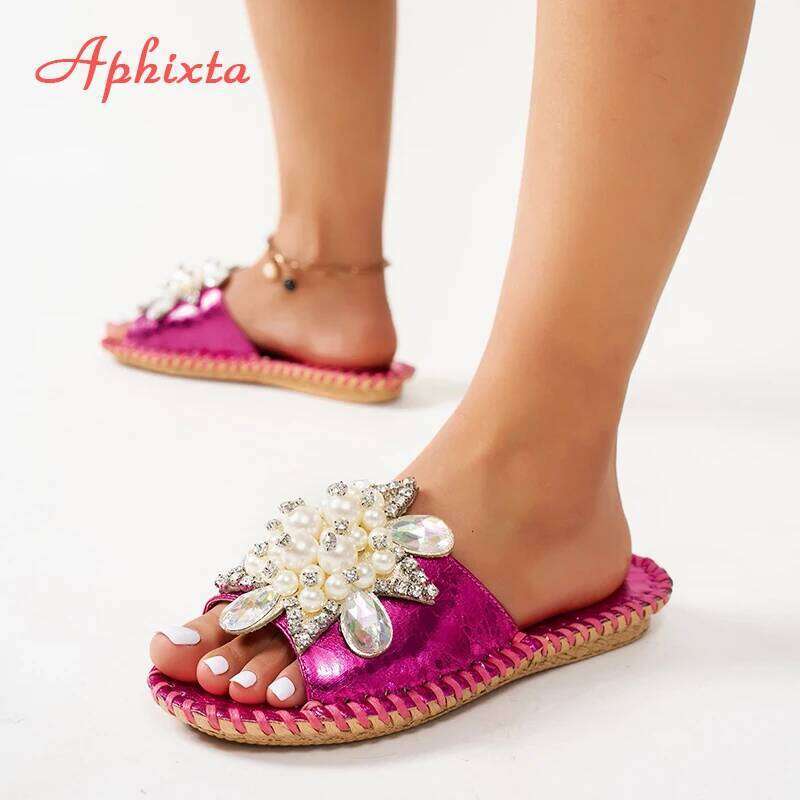 Aphixta New Gold Crystal Flower Slippers Women Summer Round Toe Shoes Outdoor Flat Heel Bling Slides Big Size43 Flip Flop