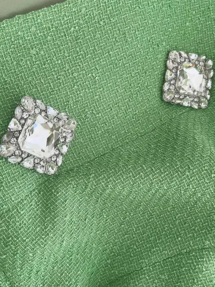 IEQJ Green Diamonds Diagonal Shoulder Tweed Dress Women Block Color Long Sleeve Single Breasted Dresses Female 3WM2566 250603