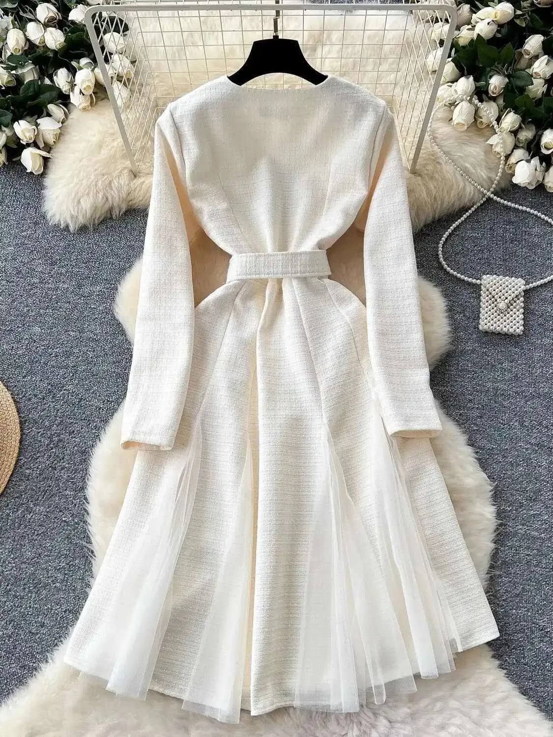 Autumn Vintage Long Sleeve Mesh Tulle Tweed Woolen Midi Dresses Womens Pearls Golden Single Breasted Diamonds Belt Clothing 250603