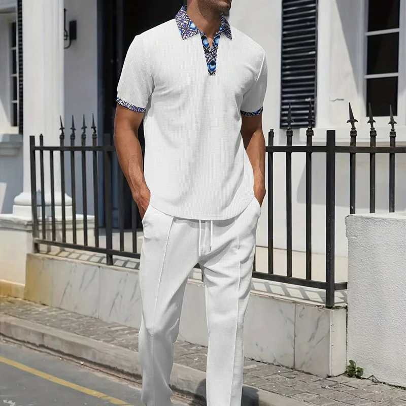 Mens fashion casual light luxury POLO shirt set summer Men lapel Button waffle short-sleeved Suit Solid color sport T-shirt set W250609