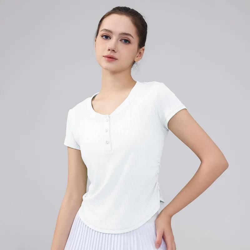 Women Summer Yoga Half Sleeve Chest Button Solid Color T-shirt Breathable Elastic Skin-friendly Sports Gym Fiess Workout Tops