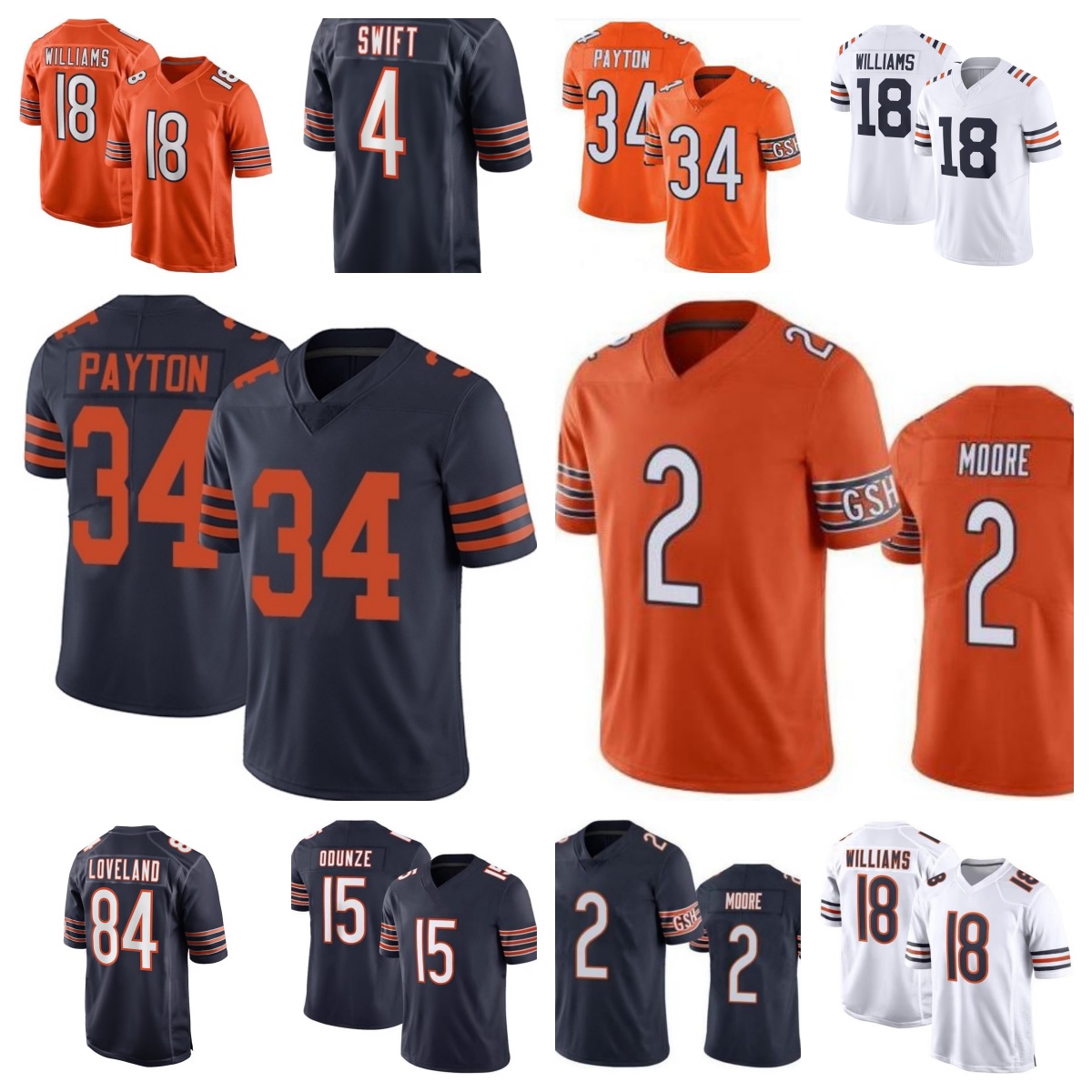 Men's Jerseys 84 Colston Loveland 2 D.J. Moore 18 Caleb Williams 15 Rome Odunze 34 Walter Payton 4 D'Andre Swift 85 Cole Kmet 13 Keenan Allen Limited Jersey