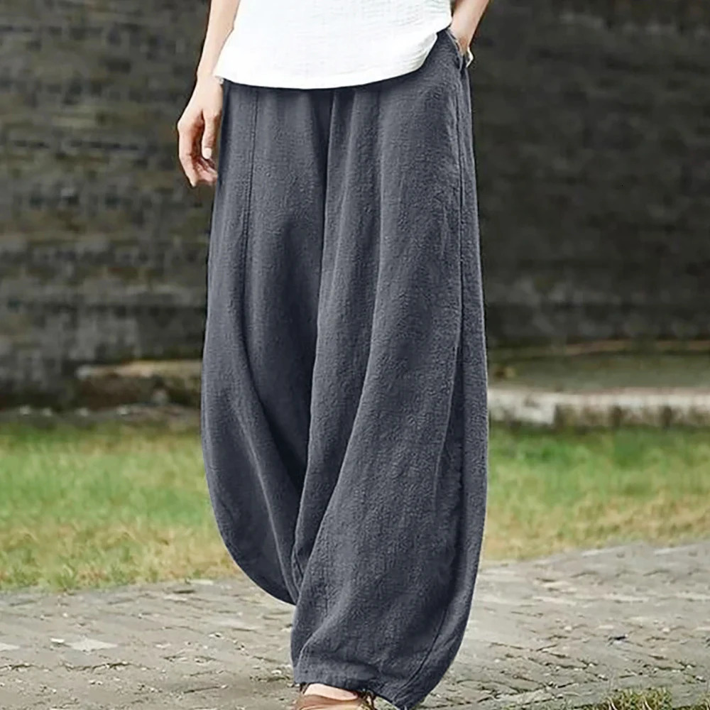 Spring Summer 2025 Cotton Linen Style Bloomers Wide Leg Pants Women Vintage Full Length Elegent Pants Solid Elasitic Waist S-5XL 250605