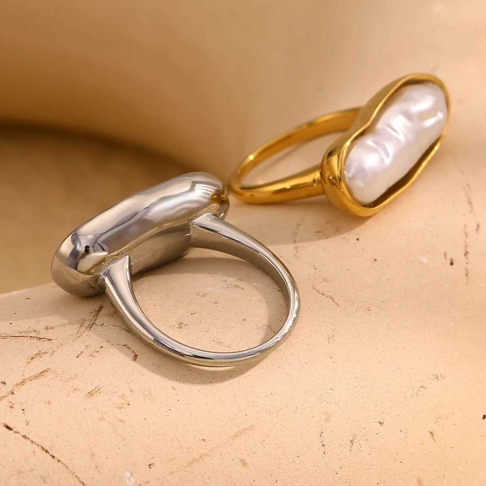 The.Muses Irregular Long Imitation Pearl Stainless Steel Womens Ring Fashionable Waterproof 18K Gold-plated Jewelry Gift W250606