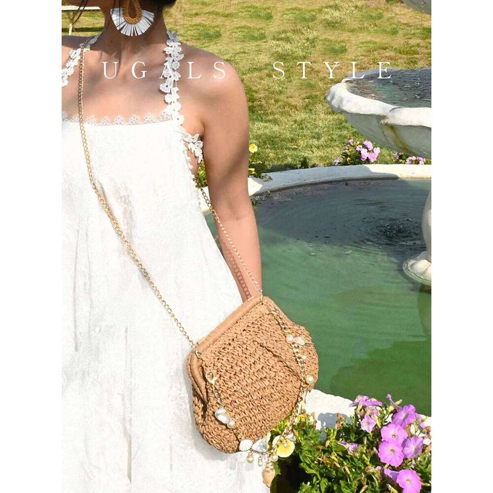 Summer Straw Woven Clutch Bag Women Pearl Chain Bow Purse Vacation Beach Party Wedding Design Evenging Handbag