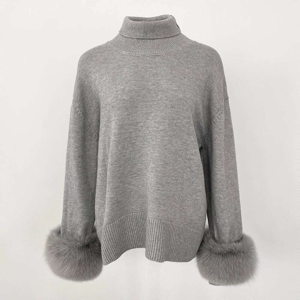 New Autumn Winter Standup Collar Cuff Spliced Natural Fox Sleeves Women Loose Knitted Genuine Real Fur Sweater