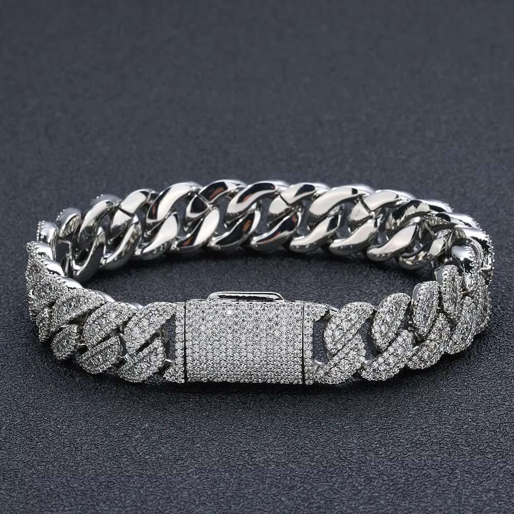 14mm Flip Button S925 Silver Moissanite Cuban Chain Mens Bracelet Trend Accessories
