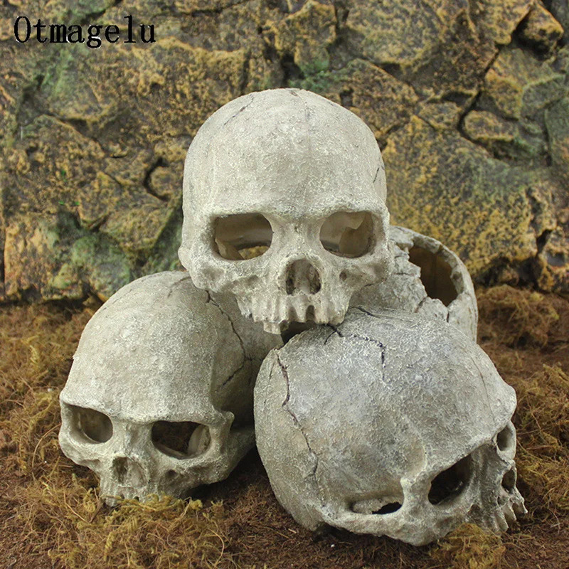 Resin Head Bone Skull Statue for Lizards Terrarium Reptile Hide Cave Aquarium Fish Tank Landscape Miniature Decor Ornament 250604