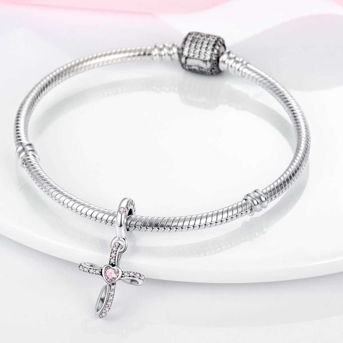 Original Charms 925 Silver Cross Pink Bow With Heart Zircon Pendants Fit Bracelet Making For Woman Fashion Jewelry GiftXJ250607