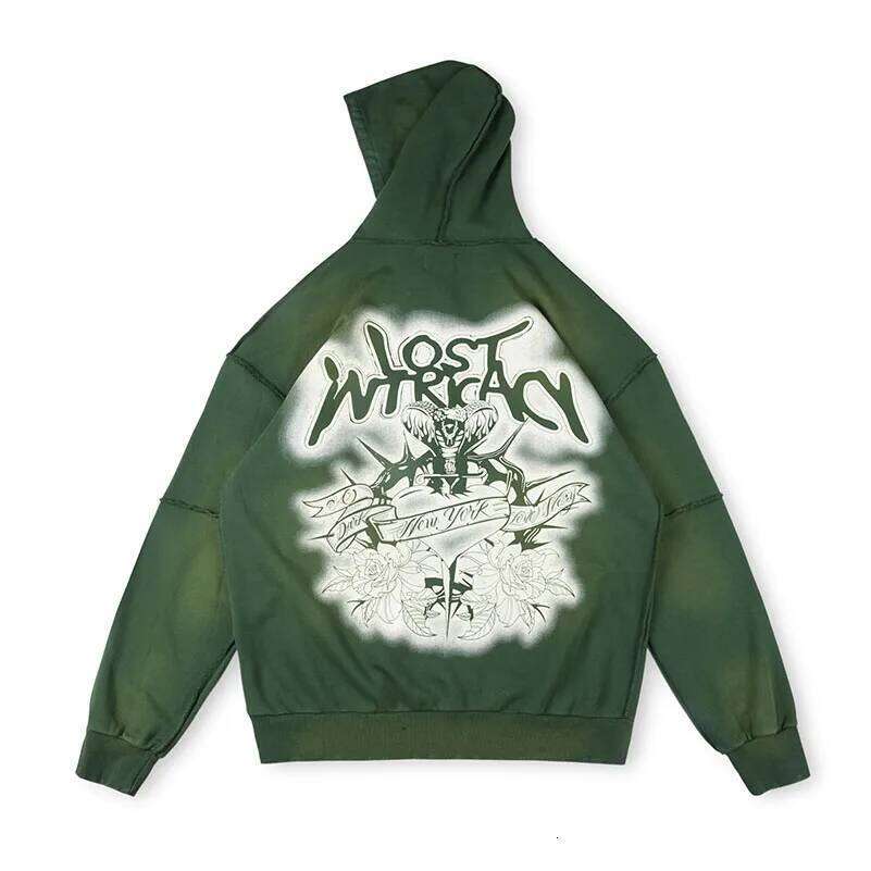 Streetwear Lost Rhinestone Hole Zipper Hooded Jacket Hoodies for Men Washed Baggy Casual Sweatshirts Oversized Cardigan Hoody