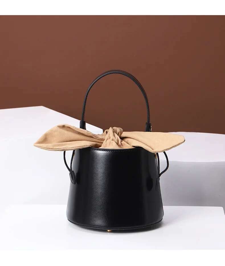 Fashionable Versatile Women's Bucket Bag Genuine Leather 2022 New Style Single Shoulder Handbag With Fleece Rabbit Ears