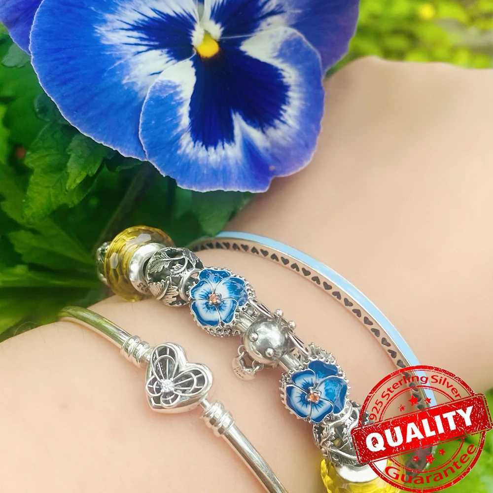 Tren Sterling Silver Pink Pansy Flower Charm Fit Original Bracelet 925 Silver Blue Butterfly Charm Fine Jewelry Gift XJ250607