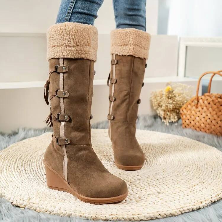 Ddmyoutdoor Female New Knee High Women S Warm Modern Boots Solid Slip On Fringe Lace Up Round Toe Wedges Shoes Outdoor Shoes